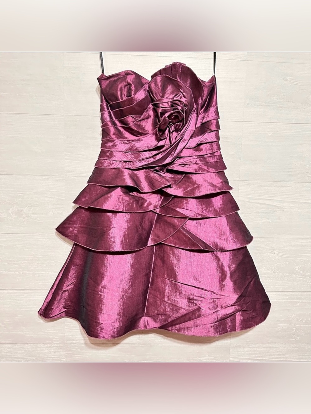 Poly USA Metallic Plum Rosette Party Dress Strapless Tiered Cocktail Mini